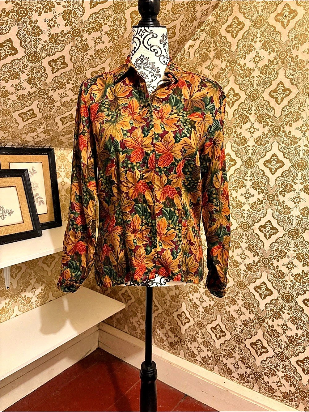 Vintage Susan Bristol Autumn Leaf Print Button Front Shirt Size 4